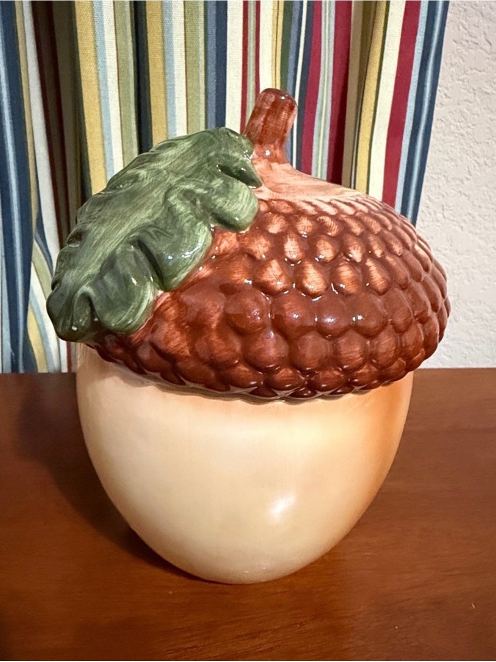 Vintage Ceramic Acorn Candy/Cookie Jar with Green Leaf Lid